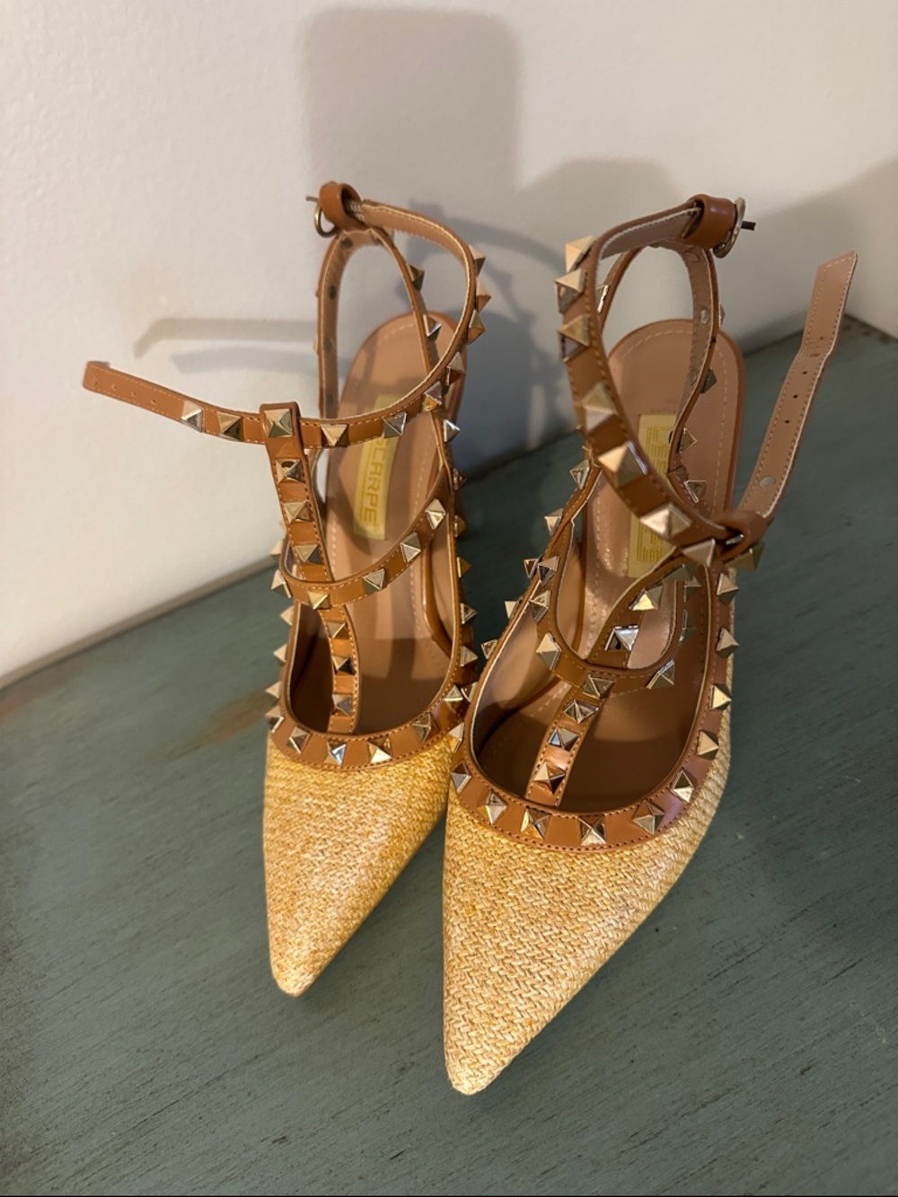 Studded Tan T-Strap Pointed-Toe Heels